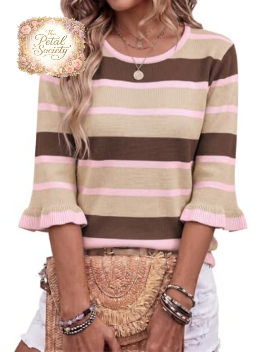 Womens 3/4 Sleeve Striped Crewneck Knit Pullover Sweater Fall Casual Top
